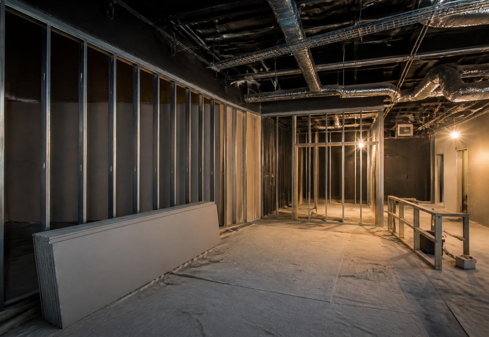 Lokal under ombyggnad med nya regelväggar, exponerade kabelstegar och ventilationskanaler